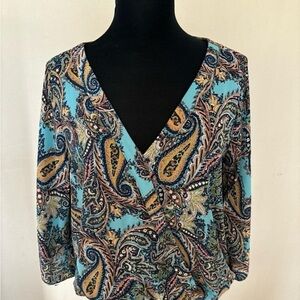 Veronica M Blue and Brown Wrap Blouse 3/4 Sleeve
